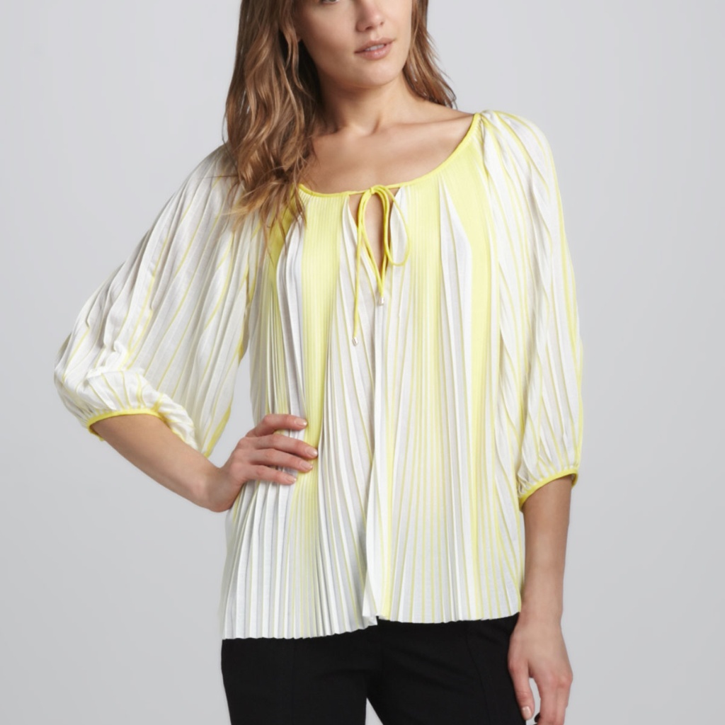 Diane Von Furstenberg Yellow Pleated Peasant Top